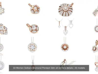 33 Women Solitaire Diamond Pendant 3dm stl renders details 3D Model Pack
