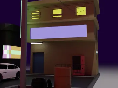 low poly street with buildings and cars Low-poly 3D model