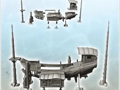 Dwelling in wooden boat hull with masts and pontoons 1 - Pirate  3D print model