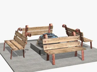 Benches and Lanterns on a Street Low-poly 3D model