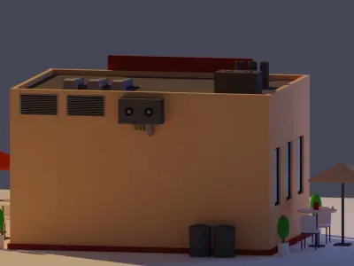 Low Poly Cafe building with tables and chairs Low-poly 3D model