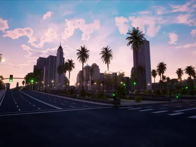 ModularCity sunset city - skyscrapers and palm trees Low-poly 3D model