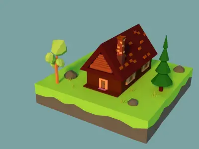 Low-poly House on island with trees Low-poly 3D model