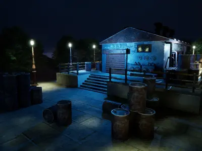 Warehouse building with lights at night Low-poly 3D model
