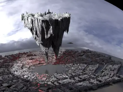 Floating Mountain over Sci-fi city base 3D model