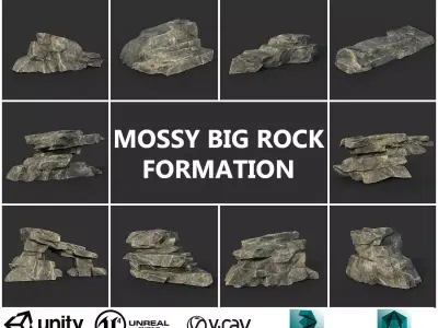 Low poly Big Rock Formation Pack 200928 - Mossy Low-poly 3D model