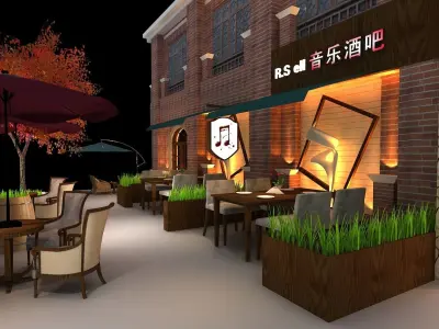 jiuba exterior of restaurant at night 3D model
