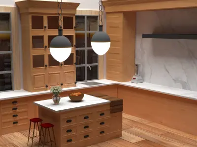 Kitchen Low poly with wooden cabinets and counter tops Free 3D model