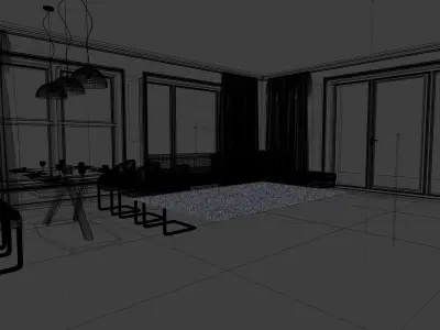 Interior living room with wooden floors and windows 3D model