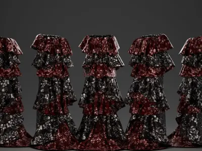 Metallic Floral Embroidered Tulle Gown with Bold Frills 3D model