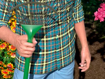  Grey-Haired Man in Plaid Shirt with Rake Rigged for Cinema 4D 