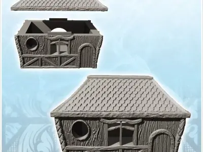 Rectangular medieval house with tiled roof and round window 21 - 3D print model