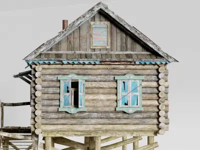 Old wooden damaged village house B da1 Low-poly 3D model