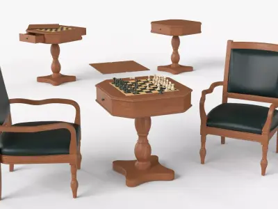 Light Chess and Pedestal Game Table and Chairs 3D model