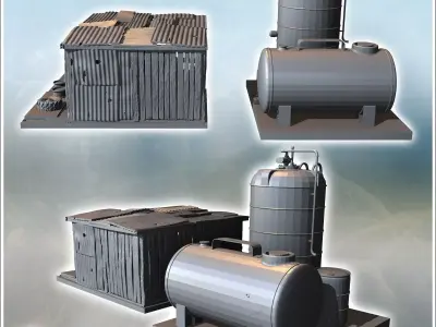 Garage-style structure with adjacent fuel tank and various tires 3D print model
