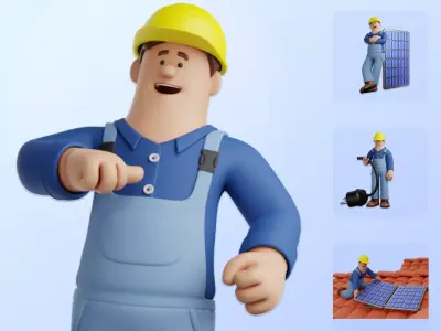 Cartoon Worker Man Rigged - Solar Power Installer Pack 3D model