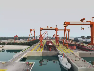 Large Container Port Scene  Low-poly 3D model