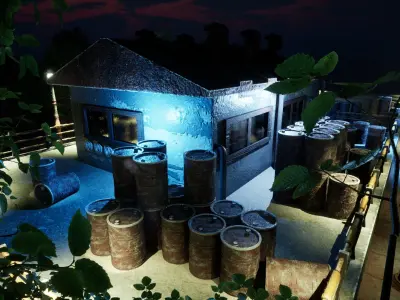 Warehouse building with lights at night Low-poly 3D model