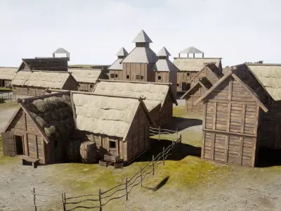 Medieval village wooden houses Low-poly 3D model