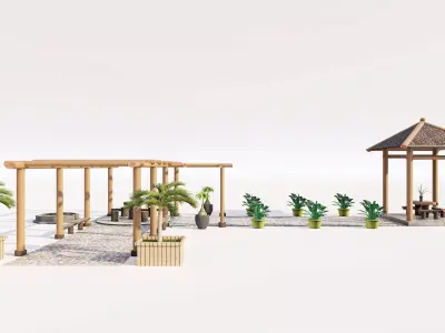 Rustic Pergola with Thatched Gazebo and Stone Path Low-poly 3D model