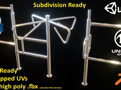 Turnstile 3D model animated subdivision Supermarket museum Low-poly 3D model