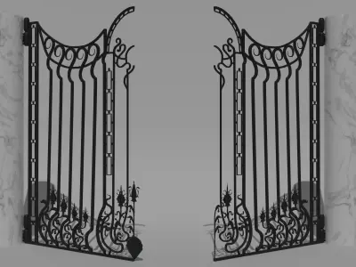 Art Nouveau Ornamental Wrought Iron Gate with Marble Pillars 3D model
