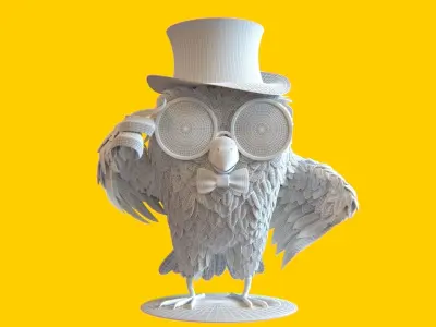 Stylized Cartoon Owl Character with Top Hat Glasses and Bow Tie Low-poly 3D model