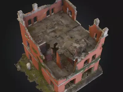 Abandoned Red Brick House 3D Model  Overgrown Post Apocalyptic Low-poly 3D model