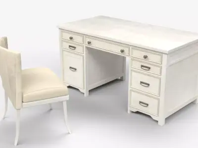 Cream Wooden Office Desk with Upholstered Chair 3D model