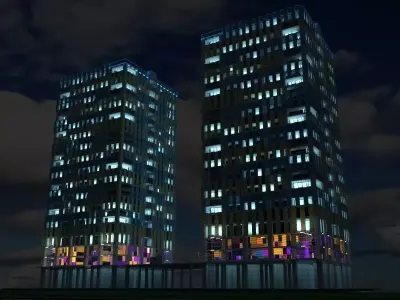Building 9 two tall buildings at night 3D model