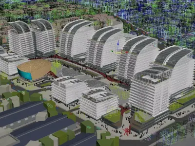 Modern Office Campus with Glass Towers and Central Plaza 3D model