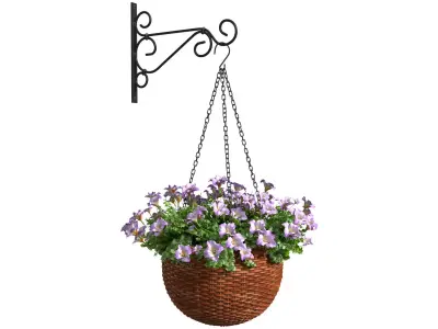 Hanging basket flowerpot rattan pot with flowers 3D model