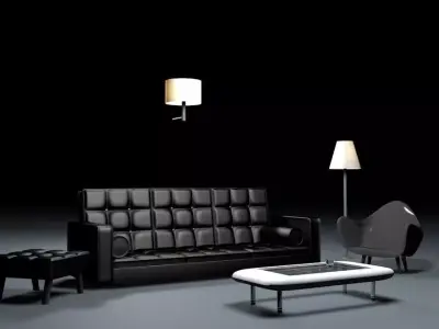 Room interior furniture items sofa chair and table with lights 3D model