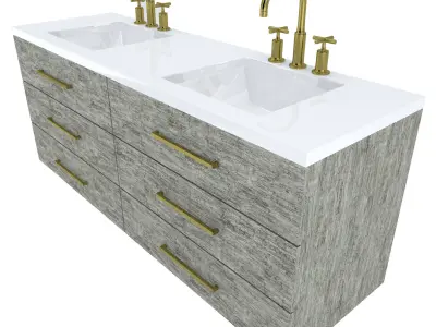 Vanity-007B bathroom vanity with two sinks and brass faucets 3D model