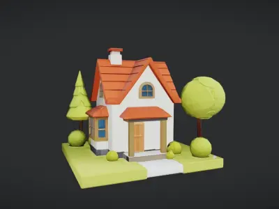 Low-poly cartoon house with trees 3D model