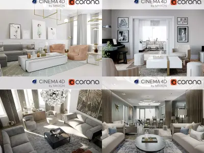 Set 8 - Corona - 4 x Living Room Interior Scenes 3D Model Pack