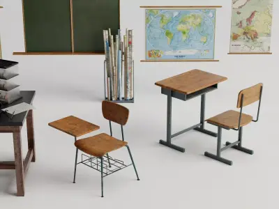 Vintage Classroom Science Lab Old Maps Blackboard Desk Props Low-poly 3D model