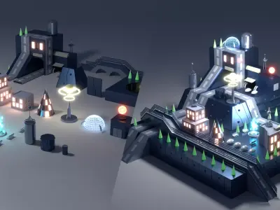 Lowploy-Science Fiction Island and Prefabs Low-poly 3D model