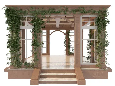 Gazebo wooden structure with windows and steps 3D model