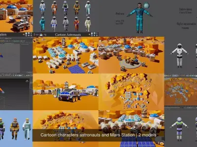Cartoon characters astronauts and Mars Station 3D Model Pack