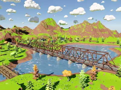 Mountain Village With Train 3D model