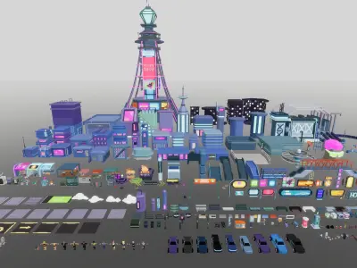 Stylized Lowpoly Cyberpunk City Low-poly 3D model