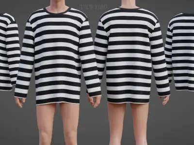 Male Oversized Harajuku Tee Shirt - Long-sleeved Stripes T-Shirt Low-poly 3D model