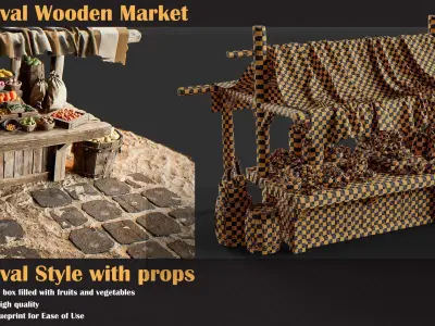 Medieval Wooden Market Pack Set 5 With Props 3D model