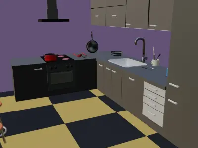 Kitchen 3D model living room with checkered floor Low-poly 3D model