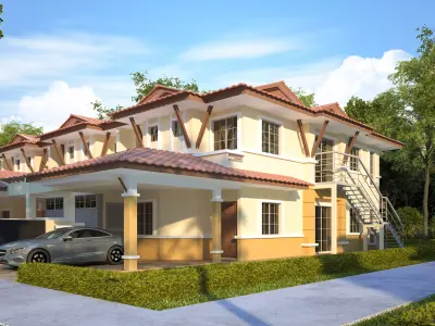 Tropical Suburban Terrace House 3D Scene Low-poly 3D model