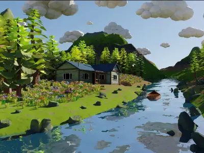 Mountain House River Scene 3D model