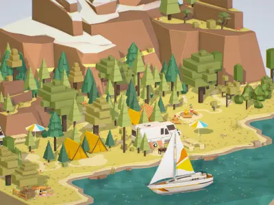 isometric style camping level constructor Low-poly 3D model