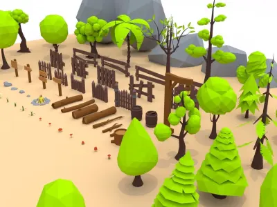 Trees Flowers and Rocks Low-poly 3D model