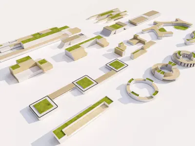 Modern Park Outdoor benches and Furniture set  Low-poly 3D model